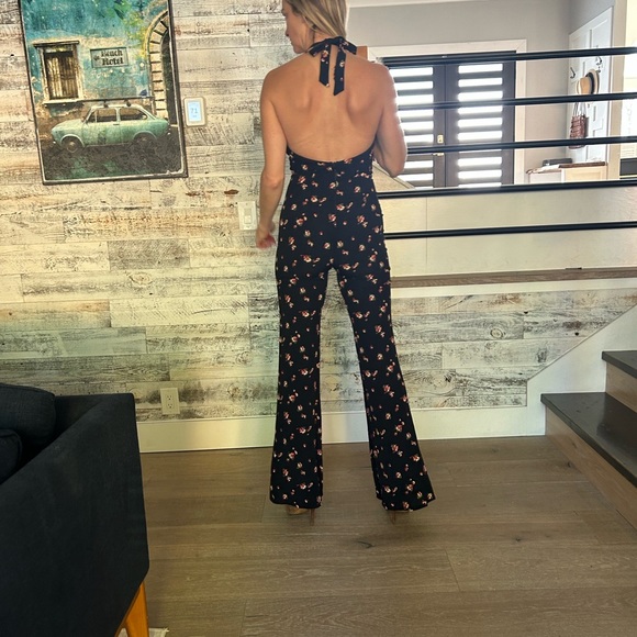 Flynn Skye Pants - Black and floral pantsuit, keyhole neck